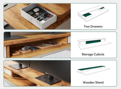 40 X 24 Inch Height Adjustable Electric Standing Desk with Double Drawer, Stand up Desk with Storage Shelf, Sit Stand Desk, Light Rustic