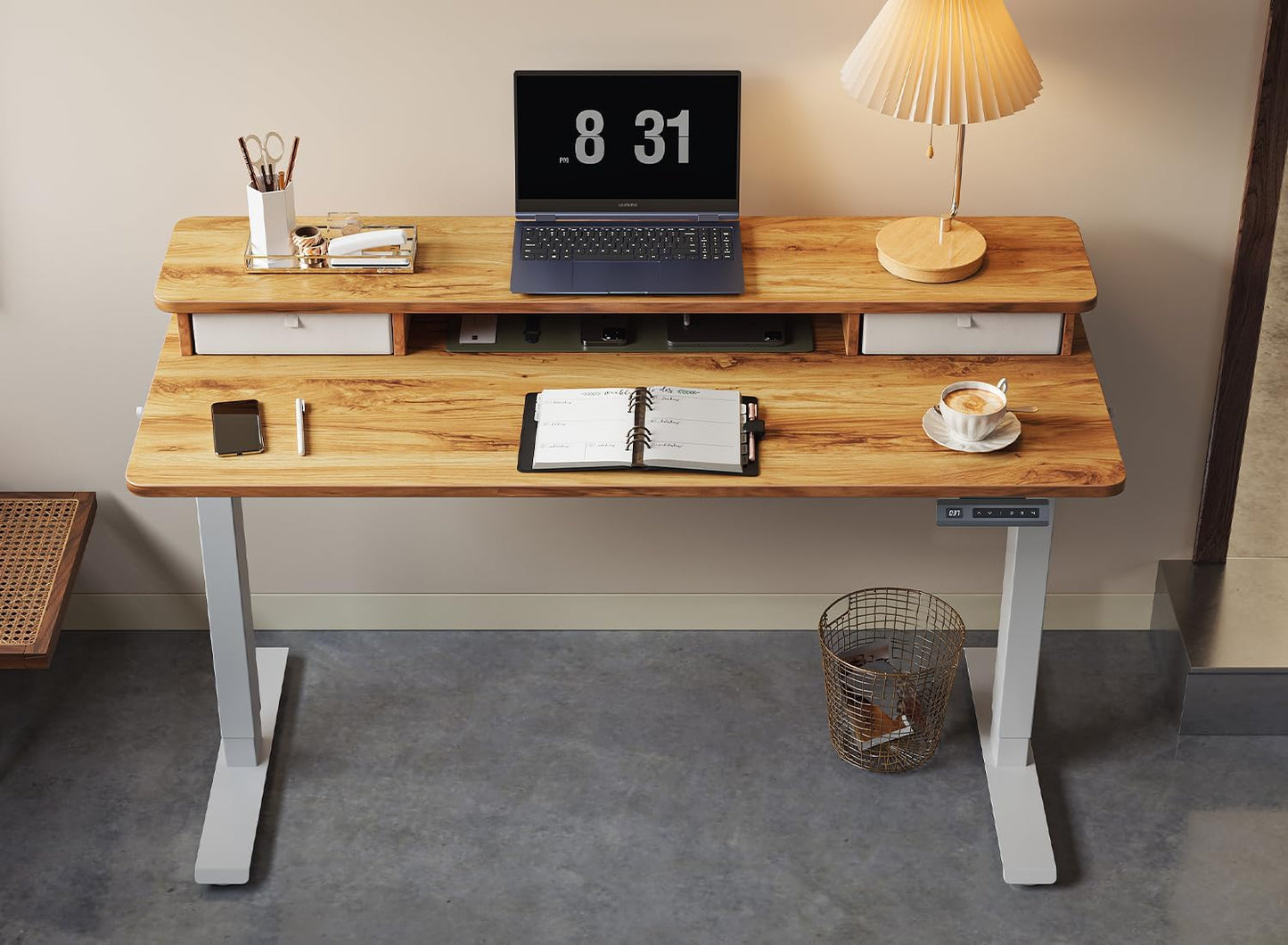 40 X 24 Inch Height Adjustable Electric Standing Desk with Double Drawer, Stand up Desk with Storage Shelf, Sit Stand Desk, Light Rustic